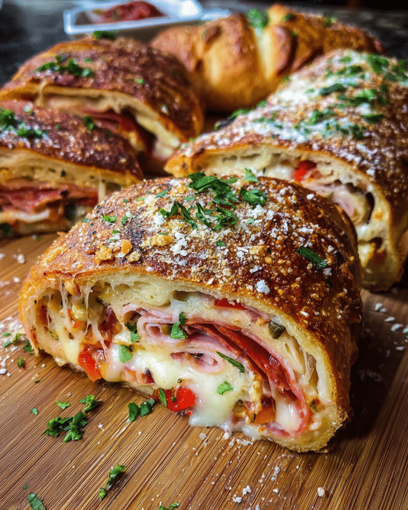Easy stuffed stromboli sliced showing melted cheese and turkey pepperoni filling