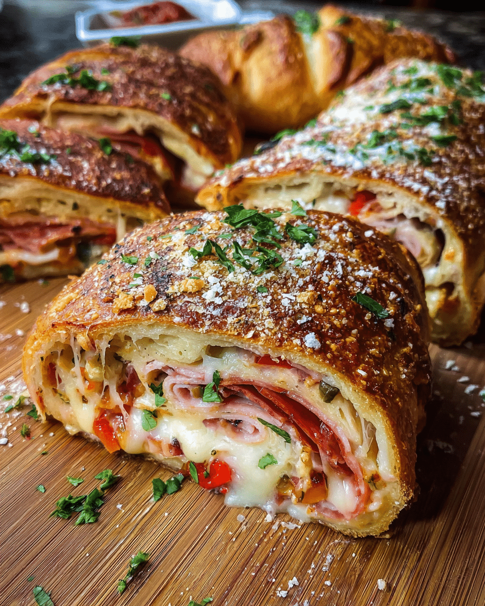 Easy stuffed stromboli sliced showing melted cheese and turkey pepperoni filling