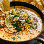 Creamy Mexican street corn queso dip topped with cilantro and queso fresco