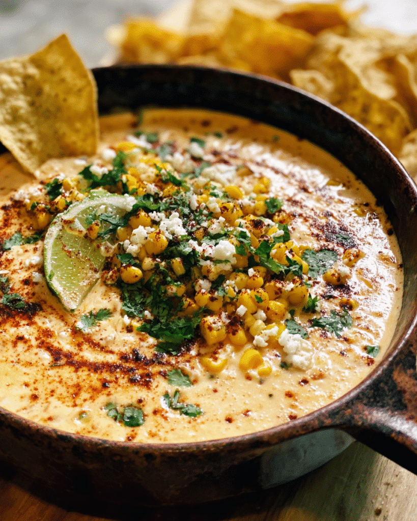 Creamy Mexican street corn queso dip topped with cilantro and queso fresco
