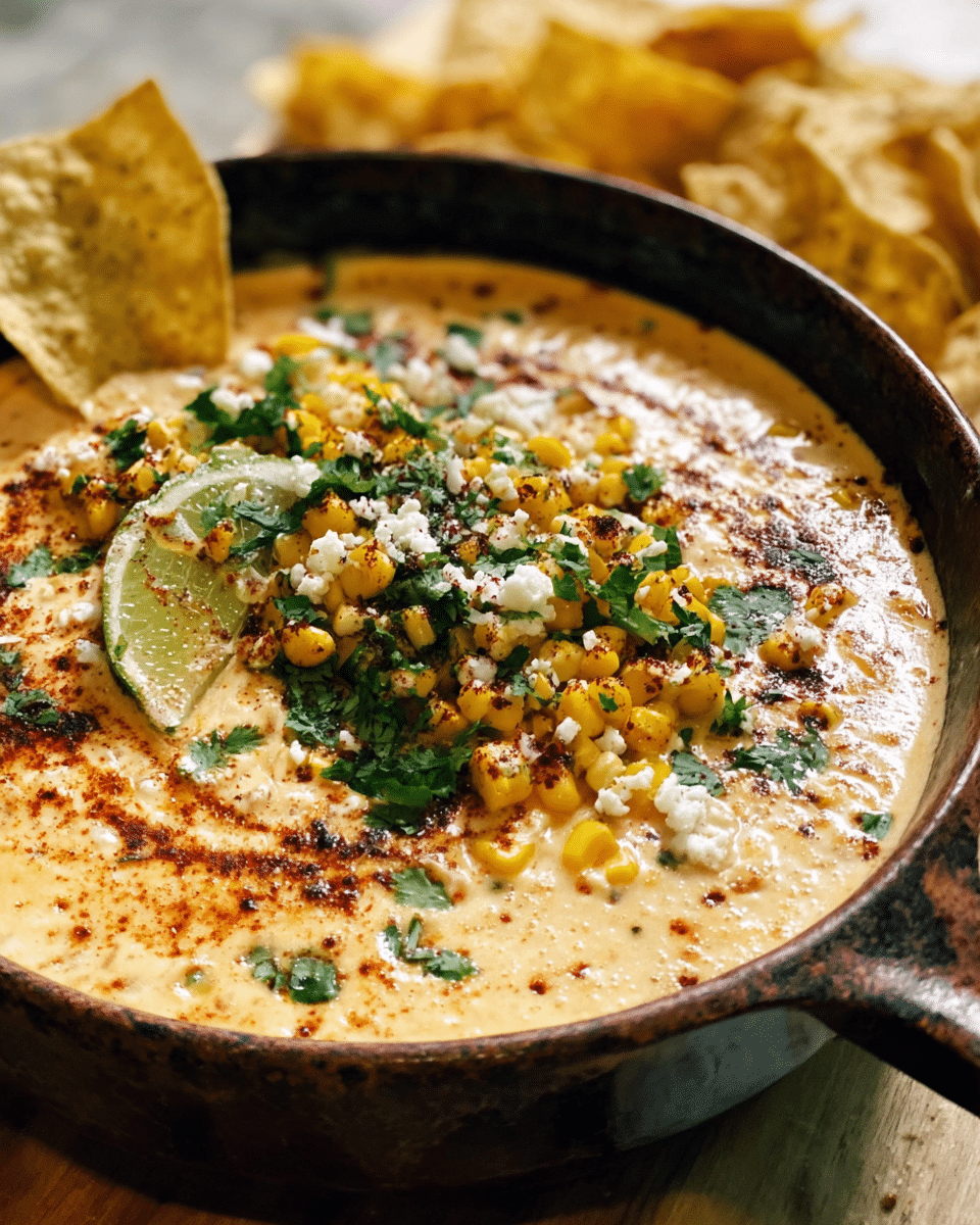 Creamy Mexican street corn queso dip topped with cilantro and queso fresco