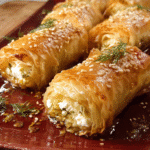 Crispy baked feta rolls in phyllo dough with sesame seeds and hot honey
