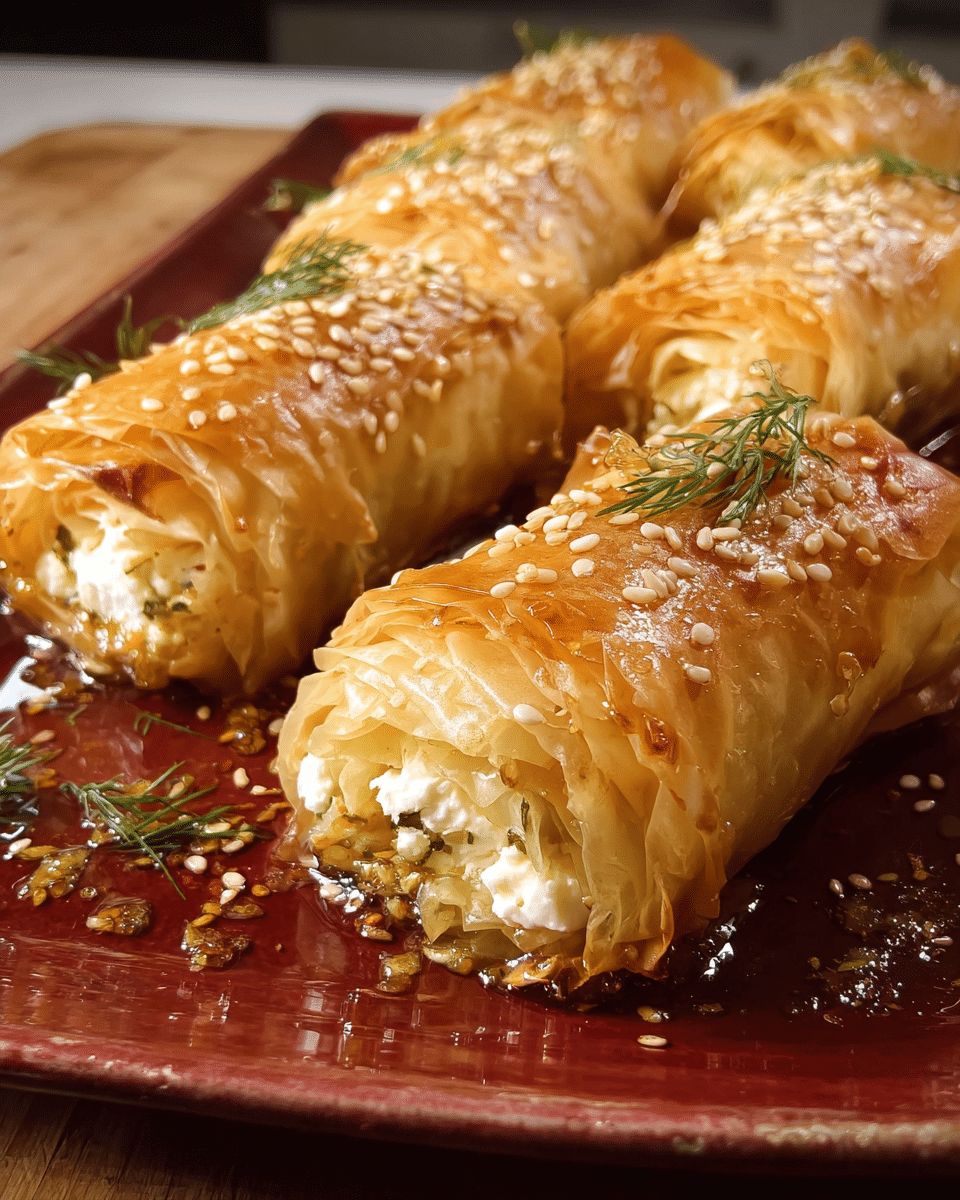 Crispy baked feta rolls in phyllo dough with sesame seeds and hot honey