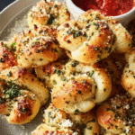 Freshly baked garlic knots brushed with butter and parsley