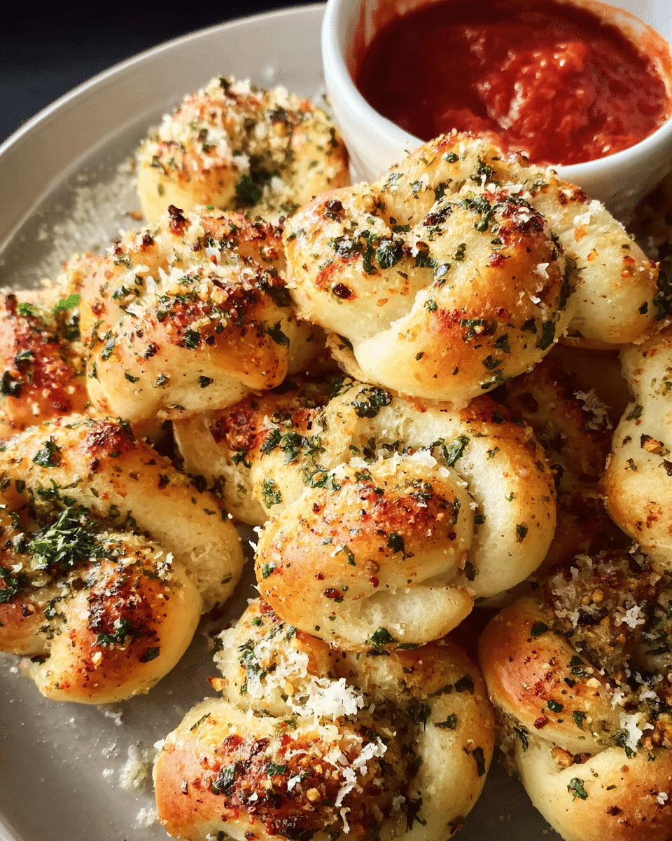 Freshly baked garlic knots brushed with butter and parsley