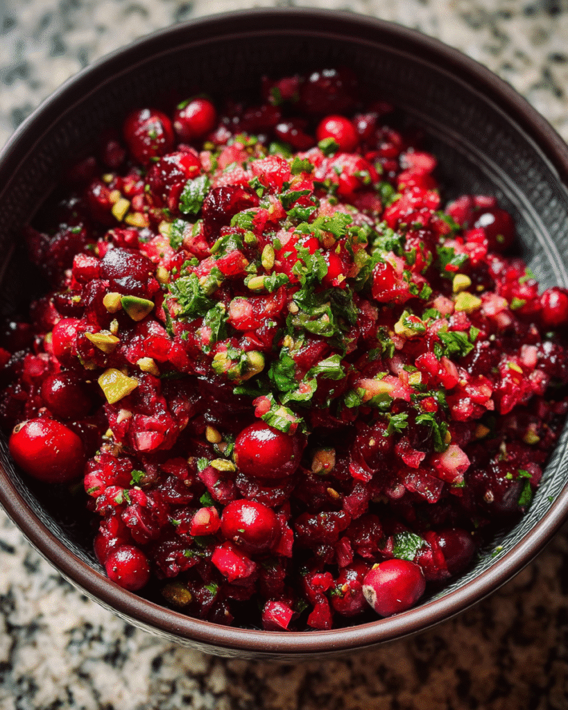 Gingery Cranberry Salsa made with fresh cranberries, herbs, and lime