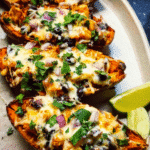 Healthy chipotle sweet potato skins stuffed with black beans and corn
