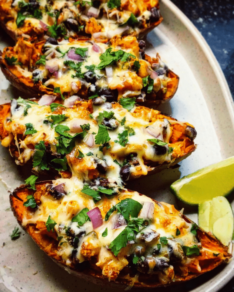 Healthy chipotle sweet potato skins stuffed with black beans and corn