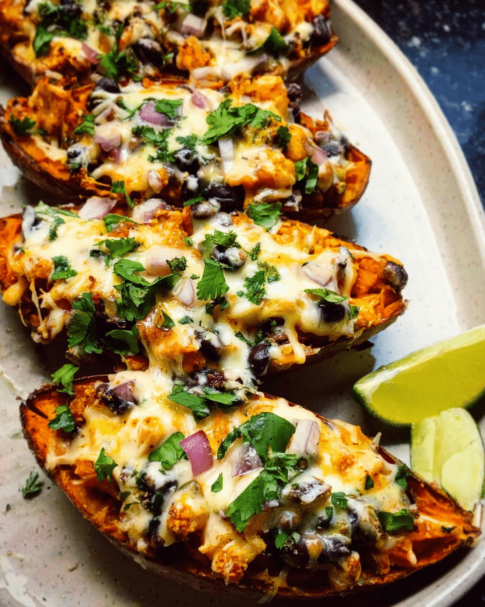Healthy chipotle sweet potato skins stuffed with black beans and corn
