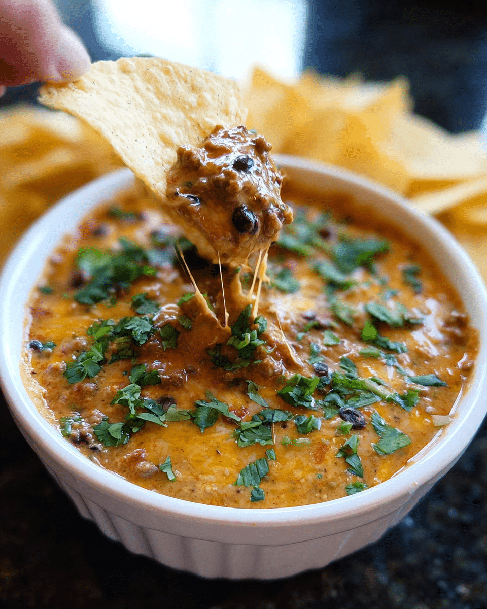 Homemade cheesy chili dip served warm with tortilla chips
