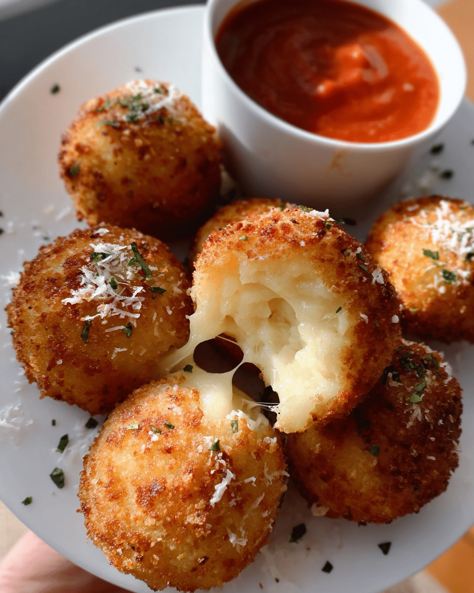 Golden crispy Incredible Arancini stuffed with melted mozzarella and served with tomato sauce