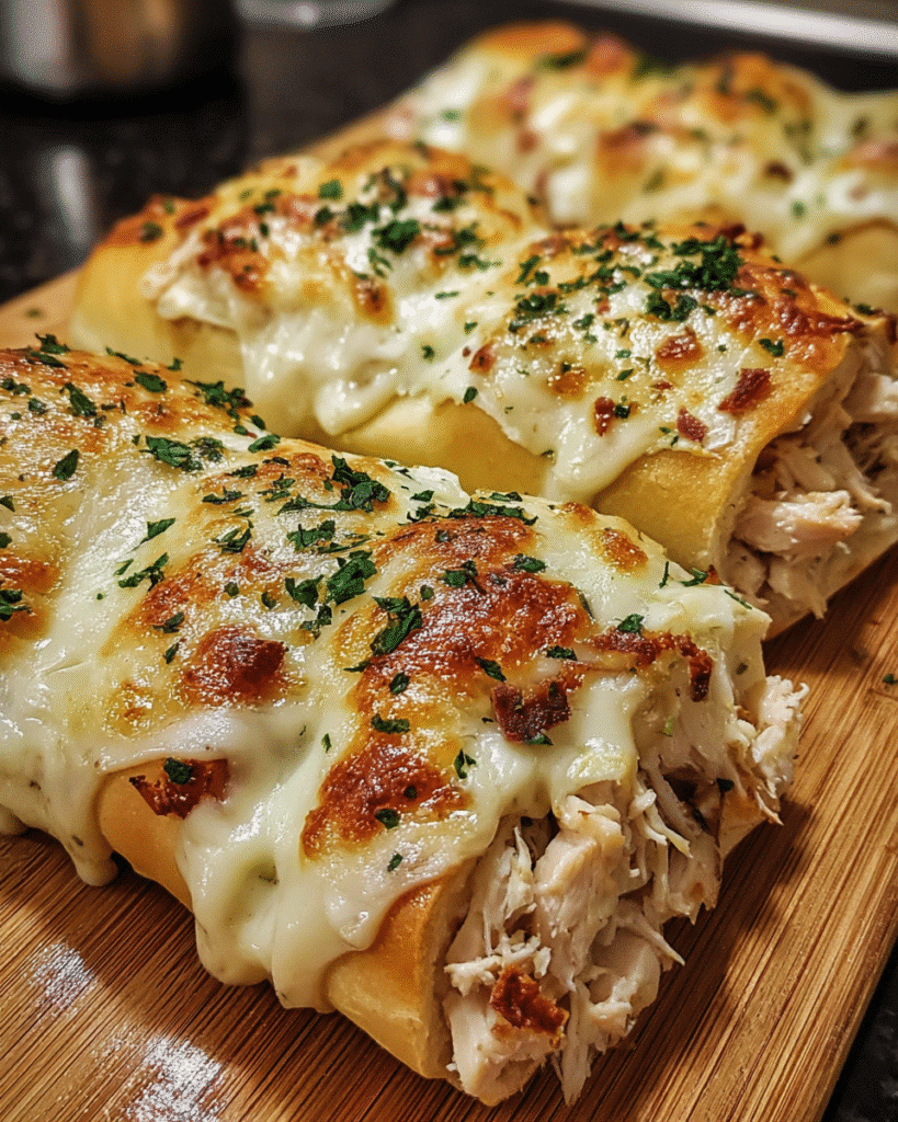 Loaded Bacon Chicken Alfredo Stuffed Breadstick Bombs fresh from the oven