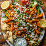 Loaded Mediterranean Street Cart Fries topped with tzatziki, chickpeas, tomatoes, feta, and crispy pita strips