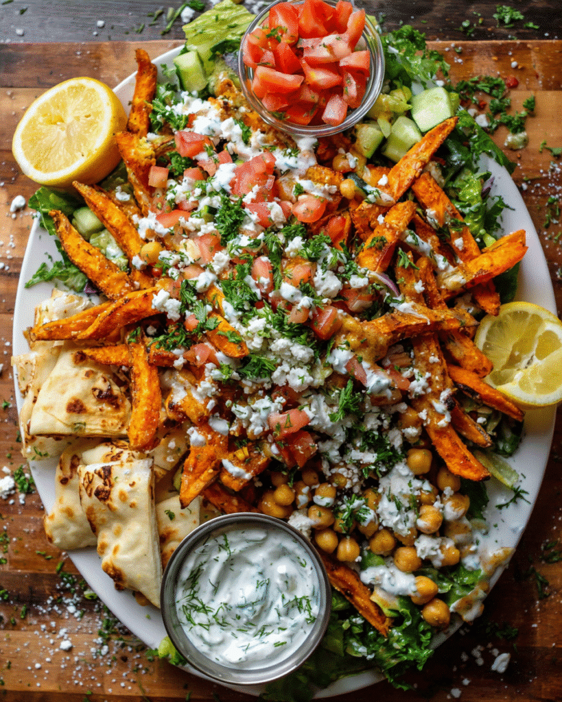 Loaded Mediterranean Street Cart Fries topped with tzatziki, chickpeas, tomatoes, feta, and crispy pita strips