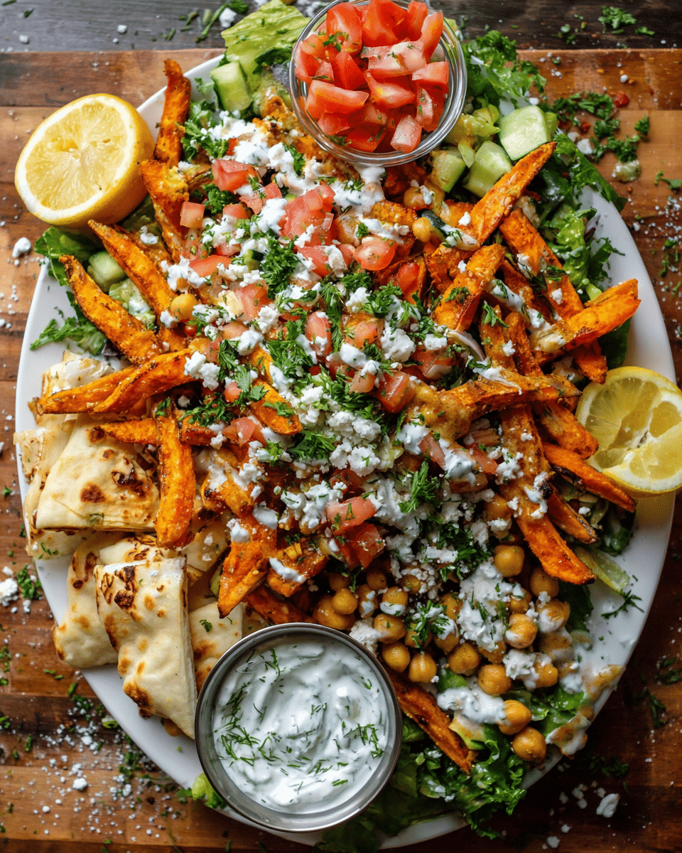 Loaded Mediterranean Street Cart Fries topped with tzatziki, chickpeas, tomatoes, feta, and crispy pita strips