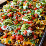 Loaded sheet pan nachos with beef, melted cheese, avocado, and cilantro lime crema