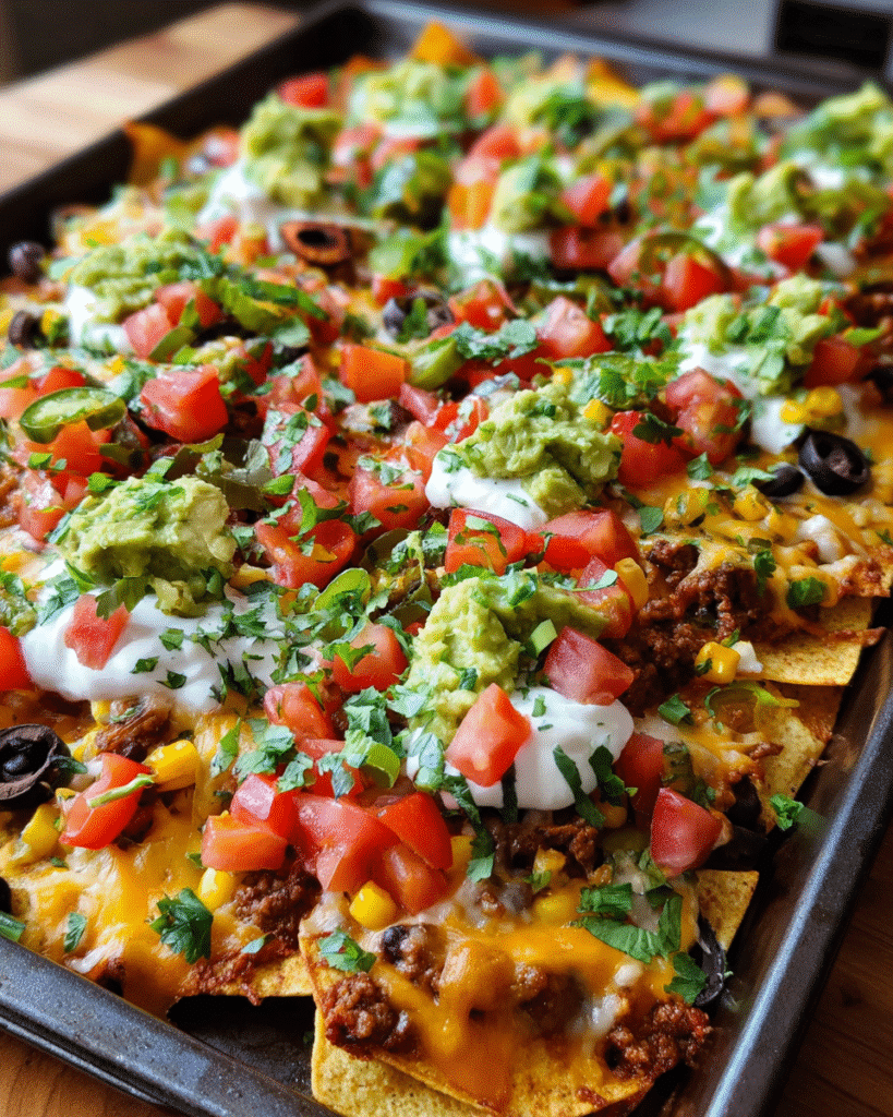 Loaded sheet pan nachos with beef, melted cheese, avocado, and cilantro lime crema