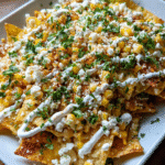 Mexican street corn nachos with charred corn, cheese sauce, cotija, and lime
