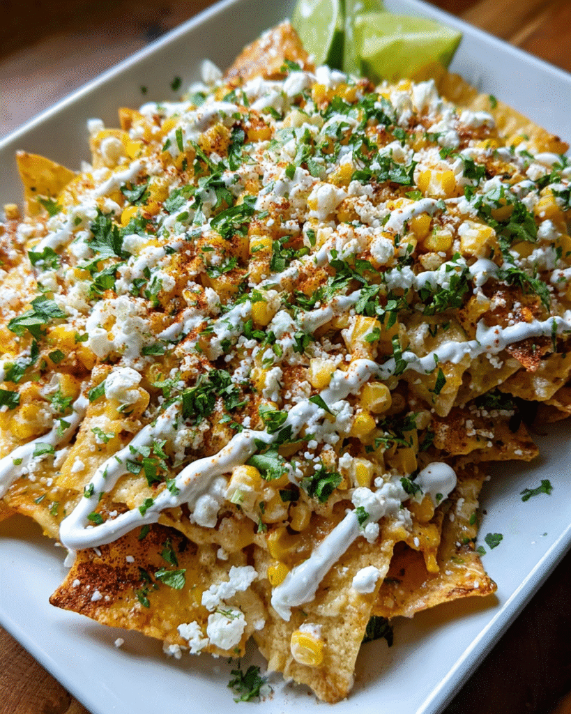 Mexican street corn nachos with charred corn, cheese sauce, cotija, and lime
