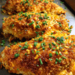 Party chicken baked with cheddar cheese and crispy breadcrumb topping