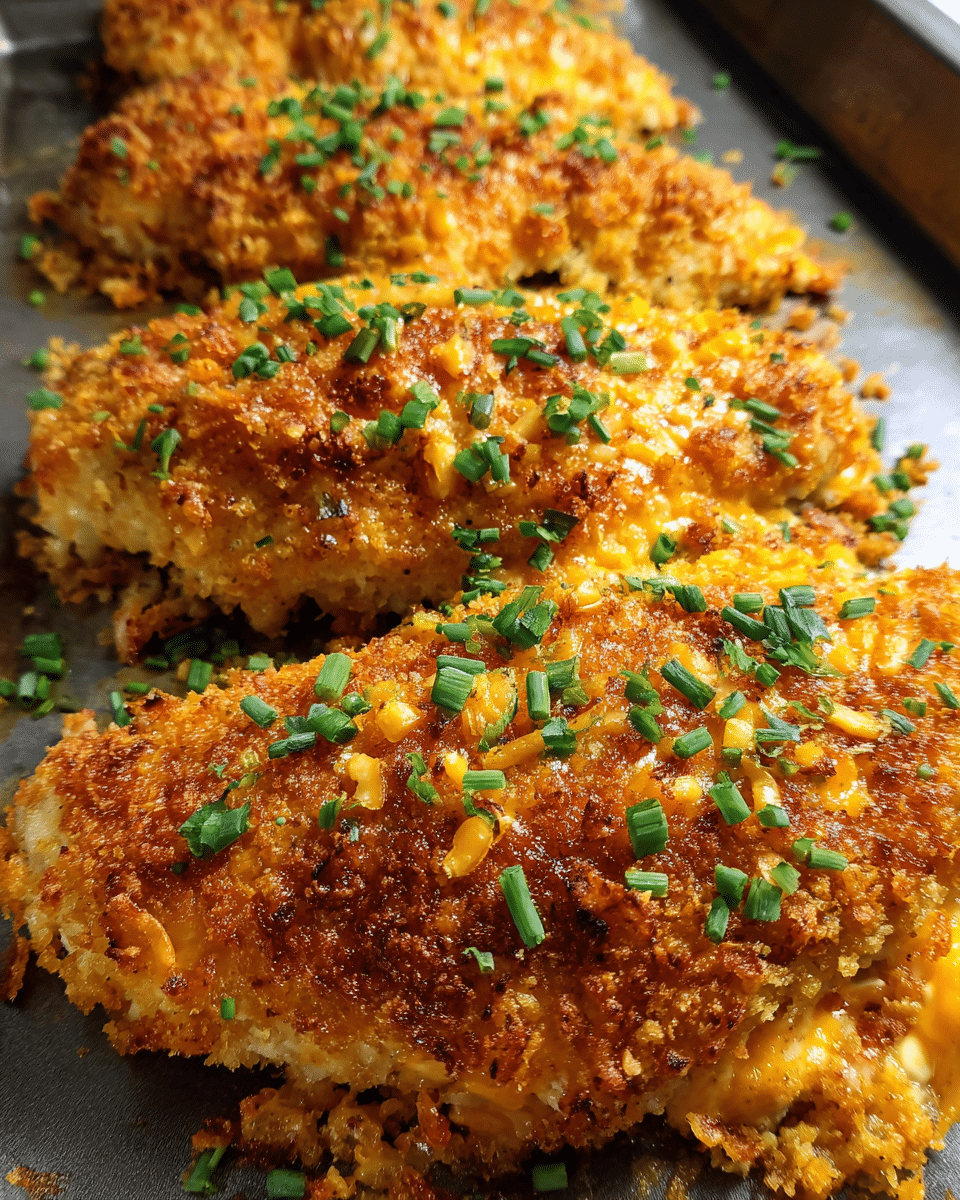 Party chicken baked with cheddar cheese and crispy breadcrumb topping