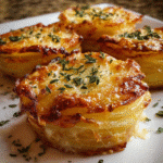Golden crispy potato stacks baked in a muffin tin with melted cheese and thyme