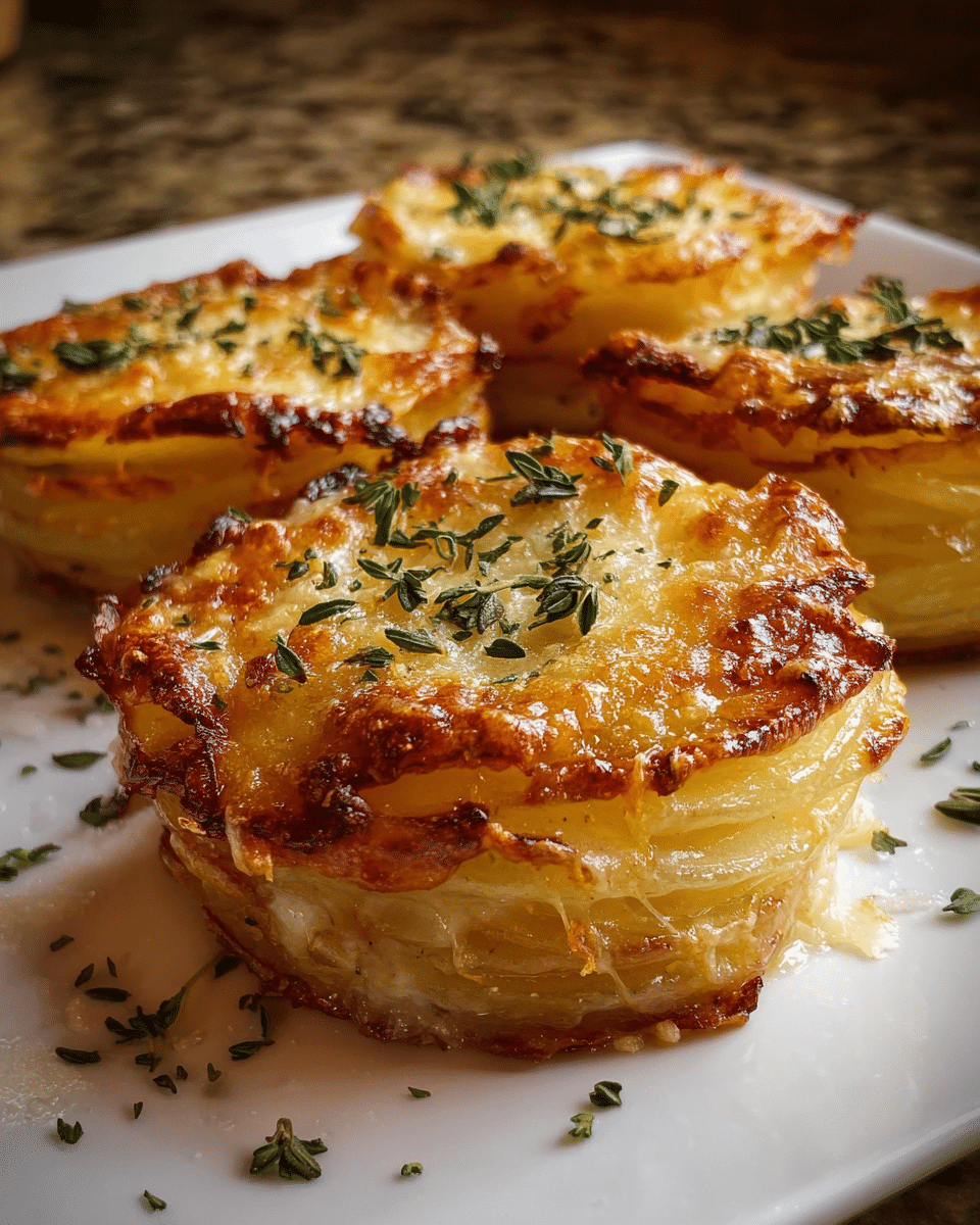 Golden crispy potato stacks baked in a muffin tin with melted cheese and thyme