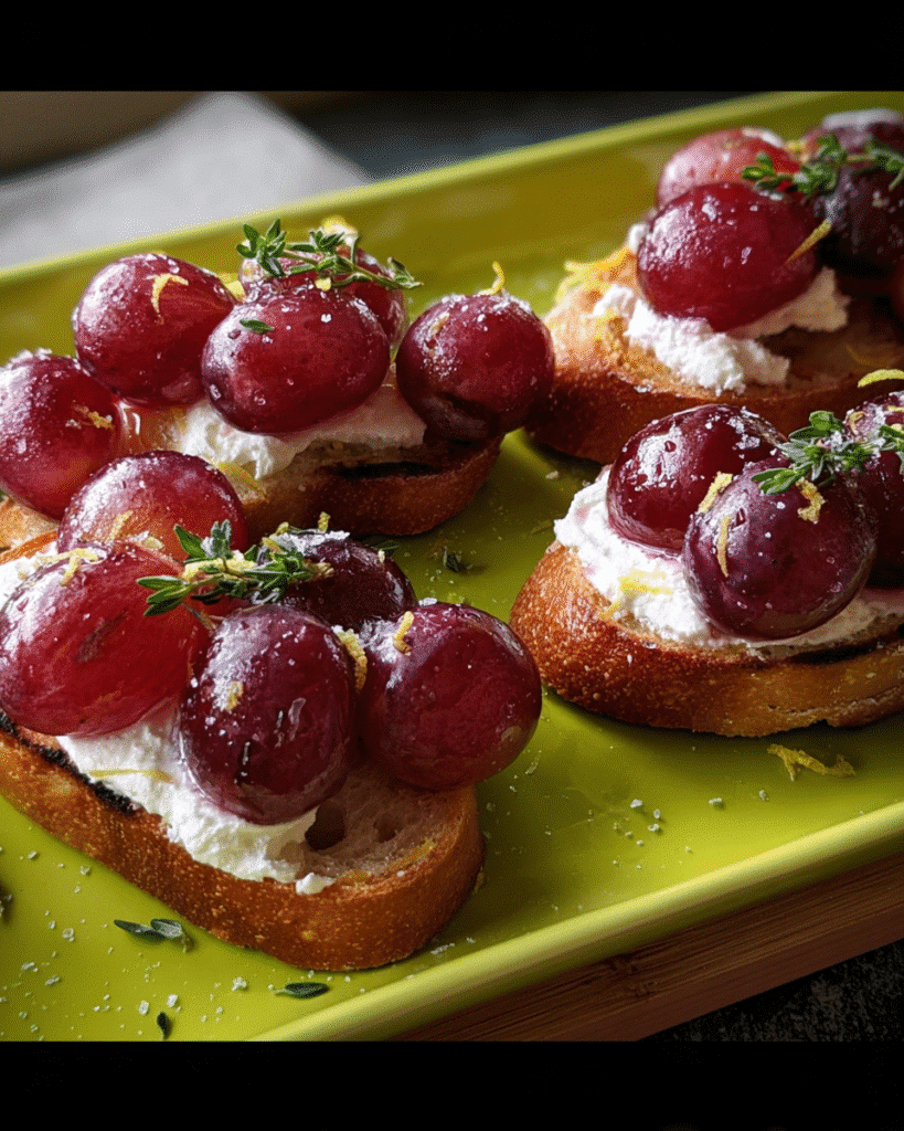 Roasted grape and ricotta crostini served on toasted baguette slices