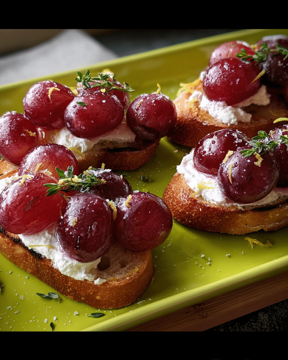 Roasted grape and ricotta crostini served on toasted baguette slices