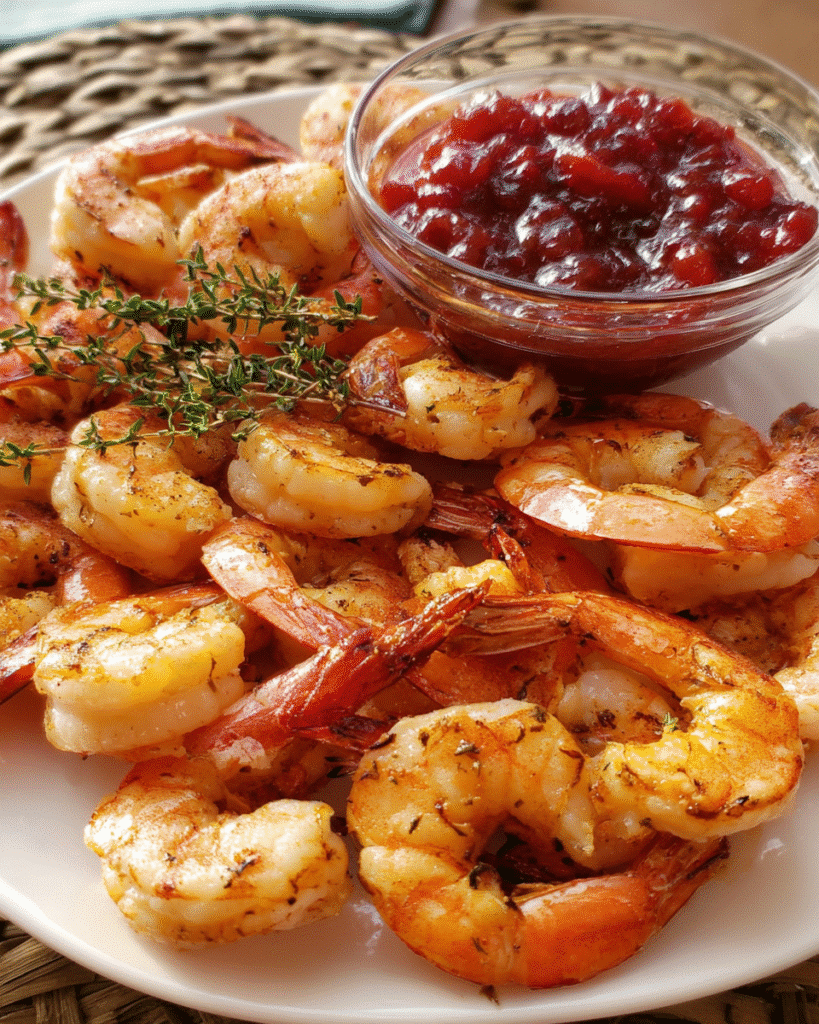 Roasted shrimp served with cranberry cocktail dipping sauce