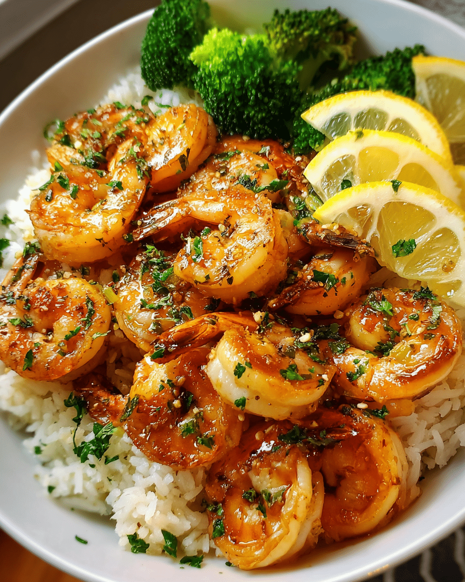 Shrimp with honey garlic sauce served with rice and broccoli