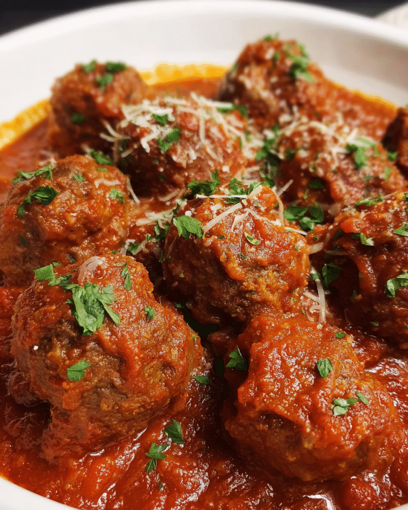 Slow cooker meatballs simmering in rich homemade tomato sauce