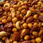 Smoky roasted mixed nuts and crispy chickpeas in a serving bowl