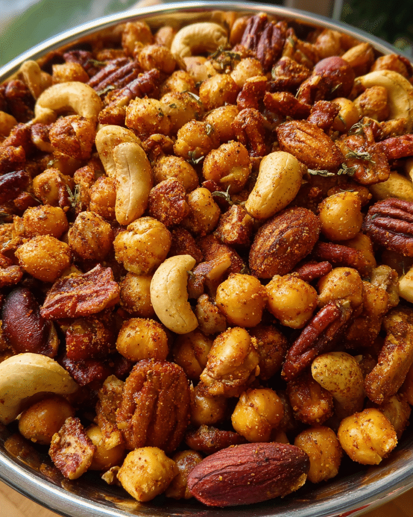 Smoky roasted mixed nuts and crispy chickpeas in a serving bowl