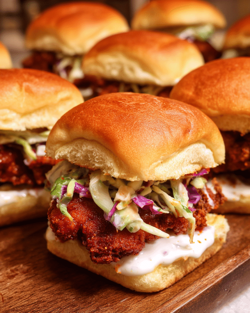 Crispy Spicy Chicken Sliders (Mini) with coleslaw and pickles
