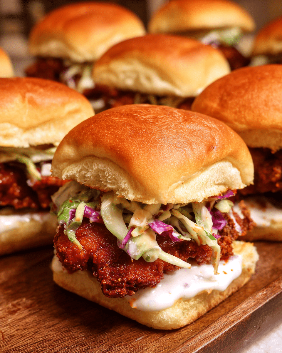 Crispy Spicy Chicken Sliders (Mini) with coleslaw and pickles