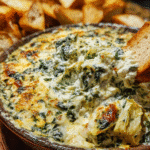 Creamy baked spinach artichoke dip served warm with chips