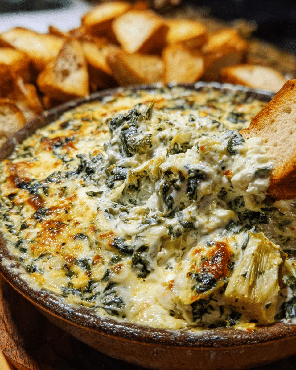 Creamy baked spinach artichoke dip served warm with chips