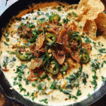 Spinach queso dip topped with crispy jalapeños and cilantro