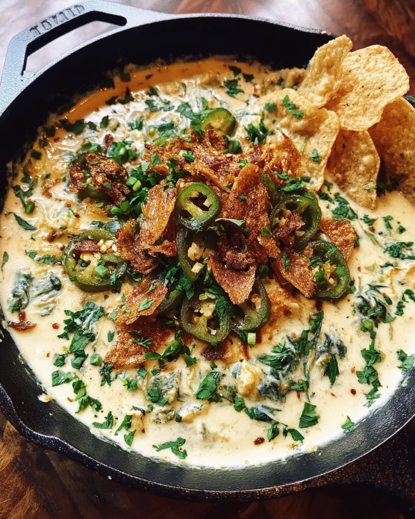 Spinach queso dip topped with crispy jalapeños and cilantro
