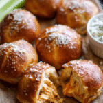 Stuffed buffalo chicken pretzel bites with blue cheese dip
