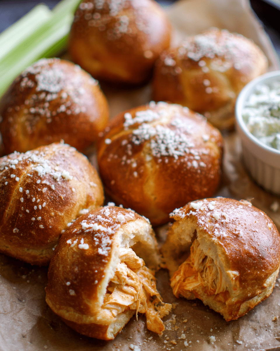 Stuffed buffalo chicken pretzel bites with blue cheese dip