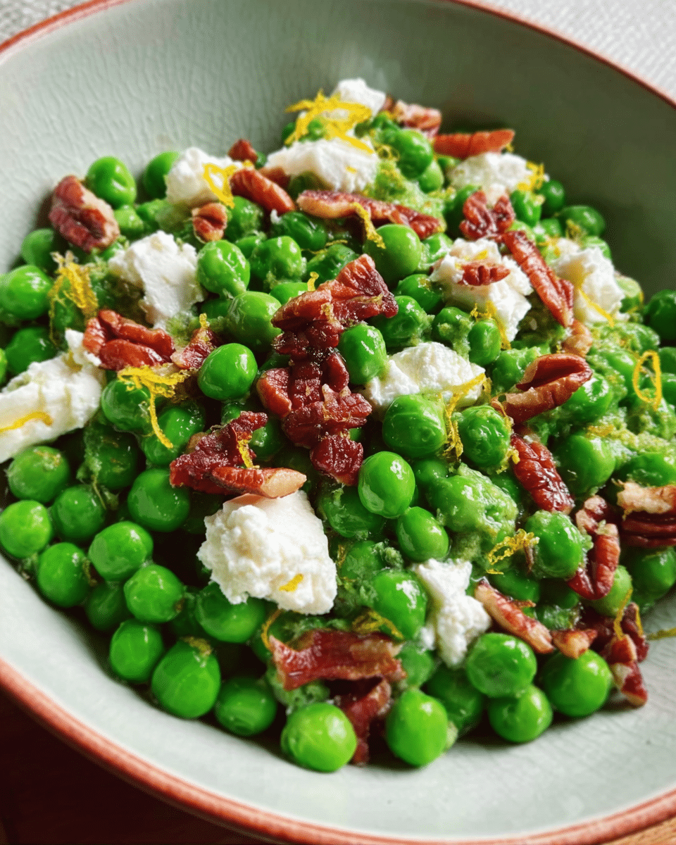 Summer pea salad with goat cheese, pecans, and lemon dressing