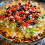 Layered taco dip with lettuce tomatoes cheese and olives
