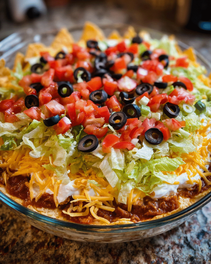 Layered taco dip with lettuce tomatoes cheese and olives