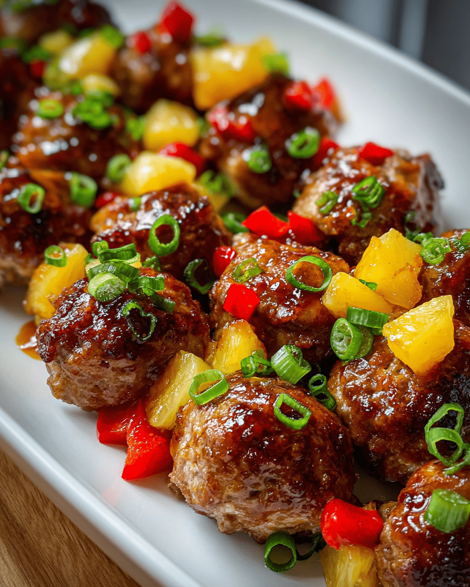 Teriyaki meatballs with pineapple and green onions
