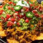 Loaded sheet pan nachos with beef, cheese, pico de gallo and jalapeños