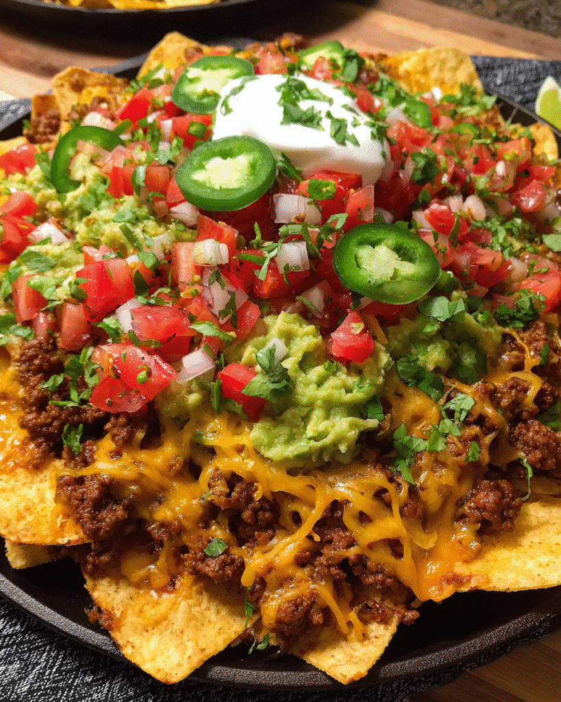 Loaded sheet pan nachos with beef, cheese, pico de gallo and jalapeños