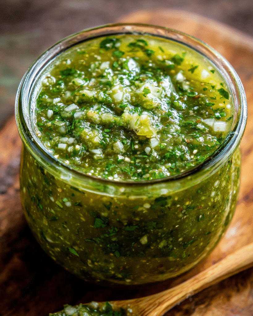 Fresh homemade tomatillo salsa verde in a bowl with tortilla chips