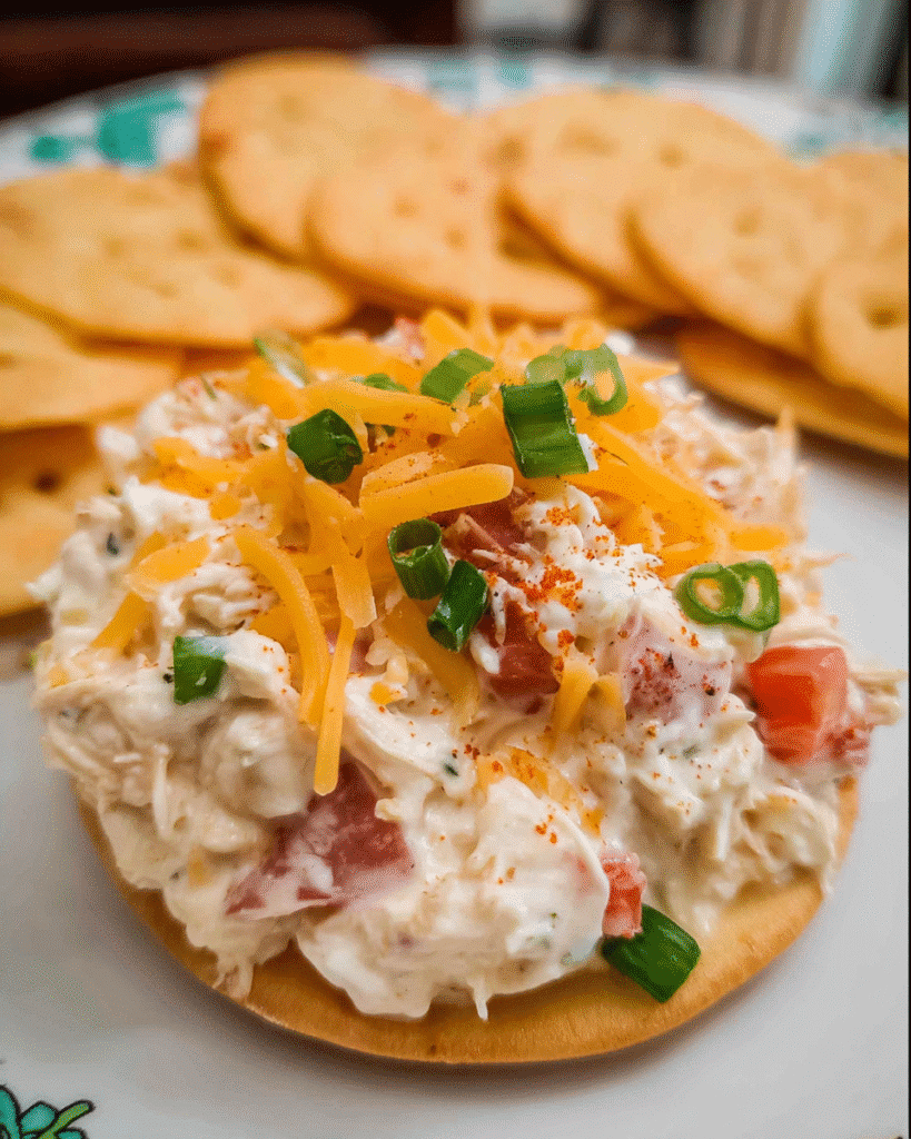 Ultimate Loaded Garlic Chicken Dip served in a bowl with chips